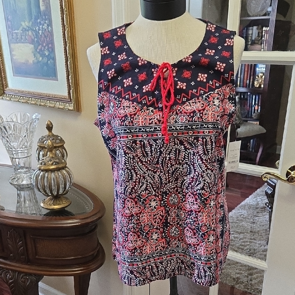 Hannah Red Navy Blue Floral Print Tie Front Sleeveless Top Large New With Tags